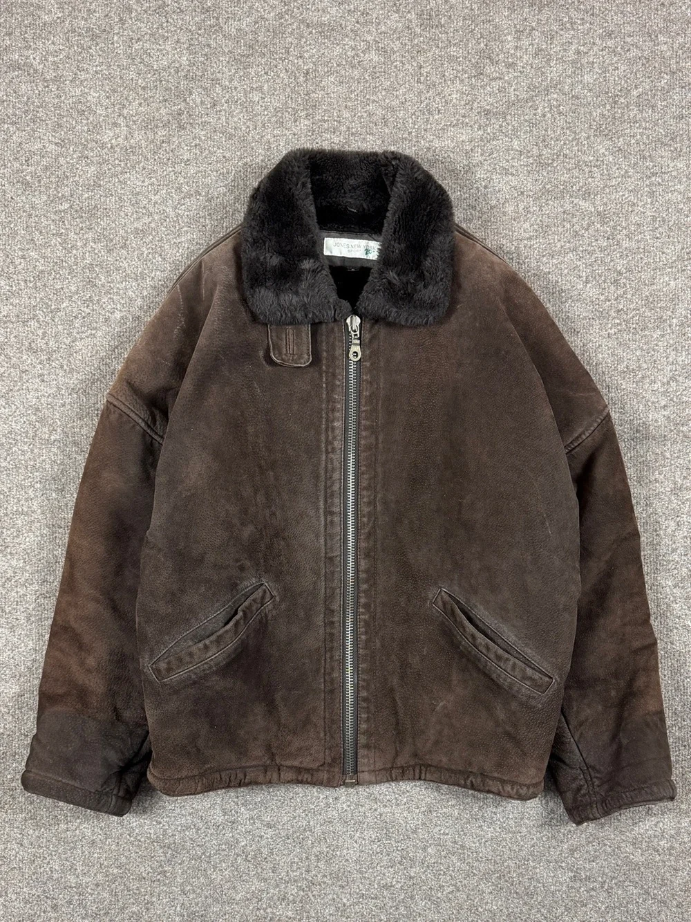 Jones New York Brown Leather Utility Jacket Men’s Small Faux Fur Collar Boxy Fit